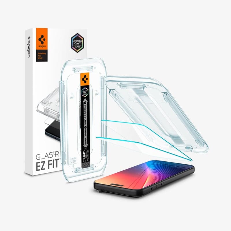 Spigen GLAS.tR EZ Fit for iPhone 17, box and alignment tray